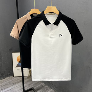 T恤绣花字母青少年痞帅百搭上衣 男士 拼接撞色短袖 POLO衫 翻领半袖