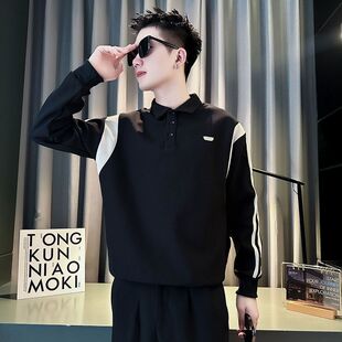 春秋季新款拼色卫衣男款潮流长袖POLO衫条纹潮牌痞帅同款百搭外套