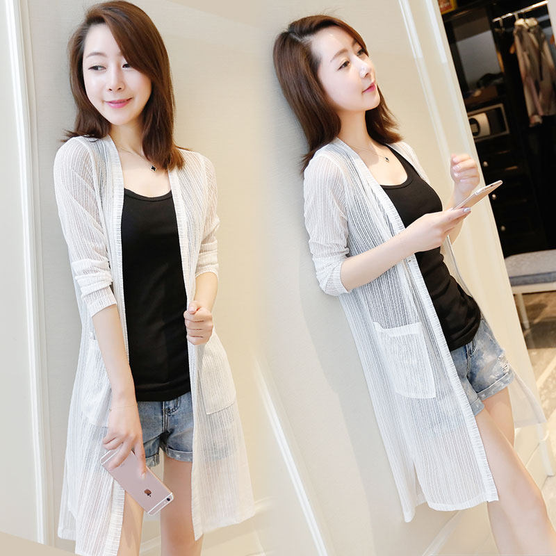 春夏新款薄外套中长款修身显瘦蕾丝网纱开衫空调衫冰丝防晒披肩女