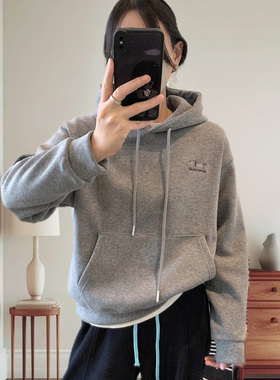 加绒加厚短款连帽卫衣女2025秋冬新款刺绣宽松显瘦外套小个子上衣