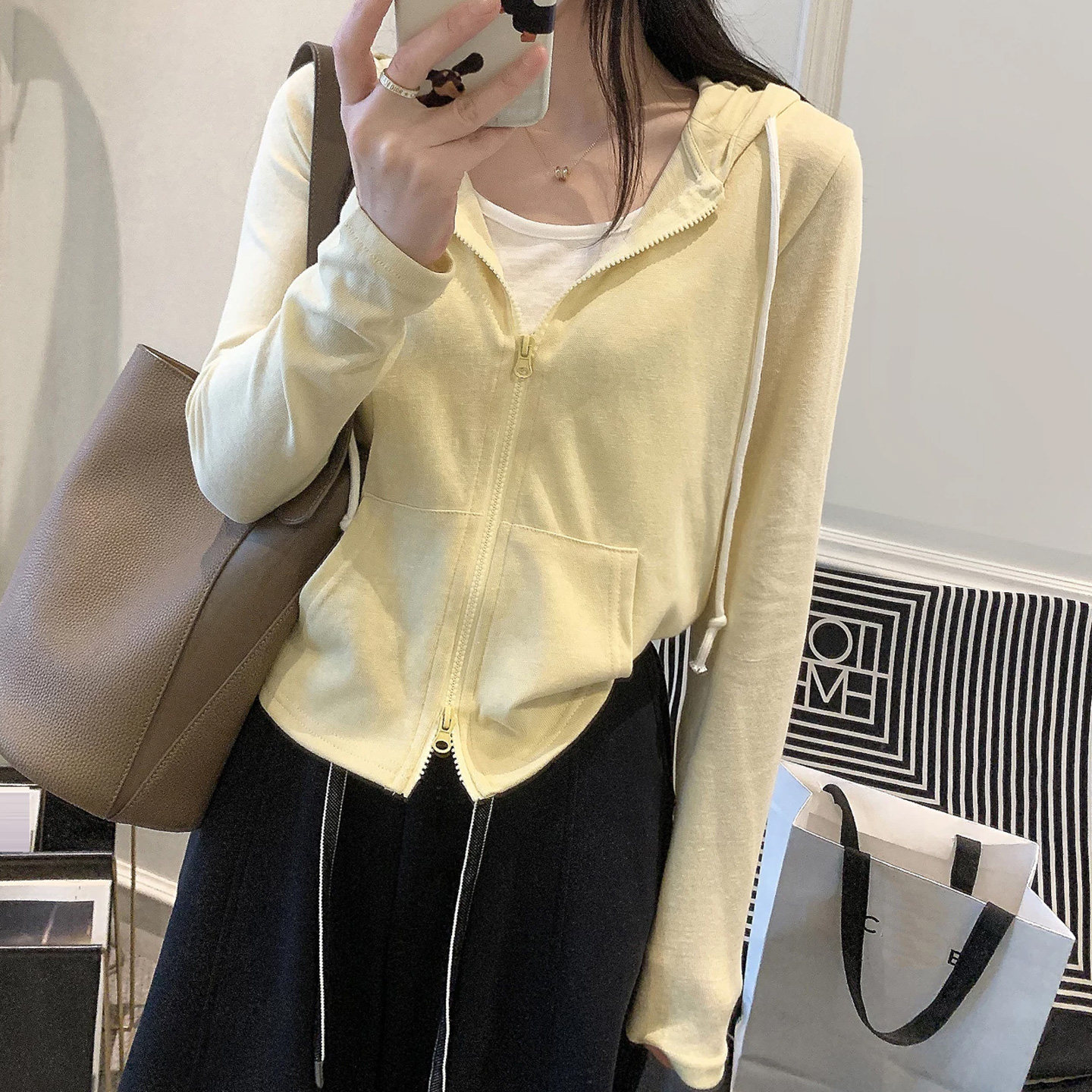 短款连帽外套女2026春夏季新款雪花棉假两件上衣韩版薄款防晒开衫