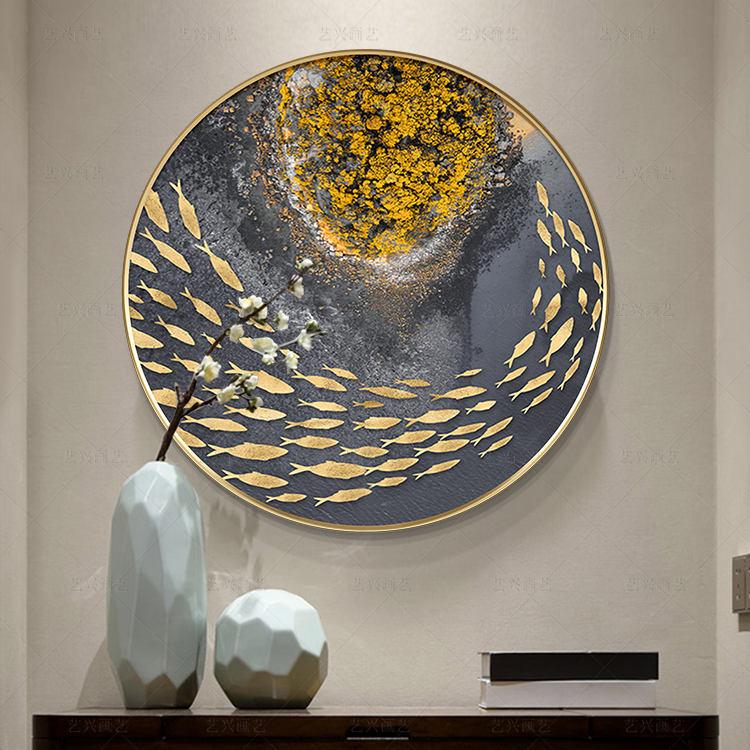 圆形纯手绘新中式客厅玄关金箔油画