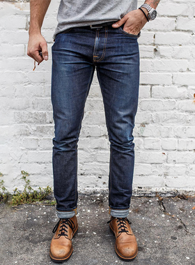 蓝逝牛仔裤男养牛蓝色修身小脚原牛赤耳丹宁 nudie美式复古工装裤