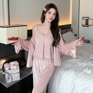 家居服套装 金丝绒性感睡衣女吊带三件套带胸垫纯欲风韩国绒秋冬款