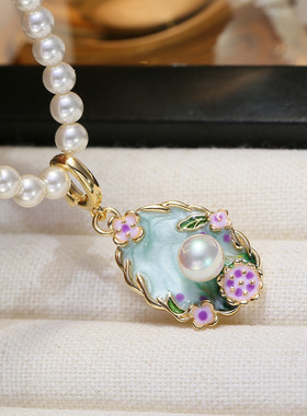 DIY配件 S925纯银油画珍珠吊坠空托 复古项坠扣头银托可打开5-6