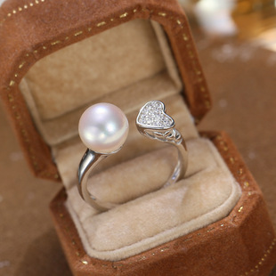 DIY配件 S925纯银时尚珍珠戒指空托配饰 微镶爱心之指环戒托7-10