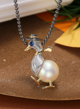 DIY配件S925纯银可爱鸭子珍珠吊