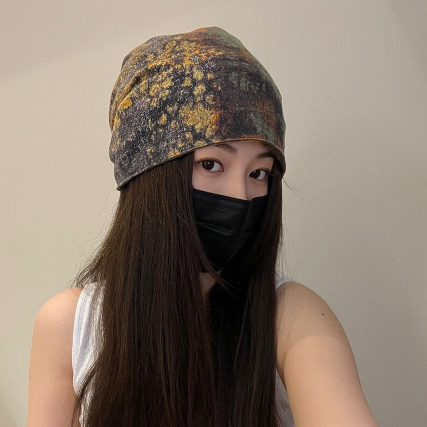 油画系薄款双面戴头巾帽女显脸小