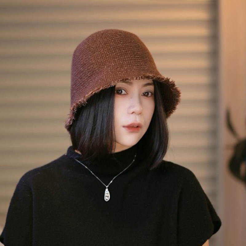 日系毛边纯色针织渔夫帽女保暖帽