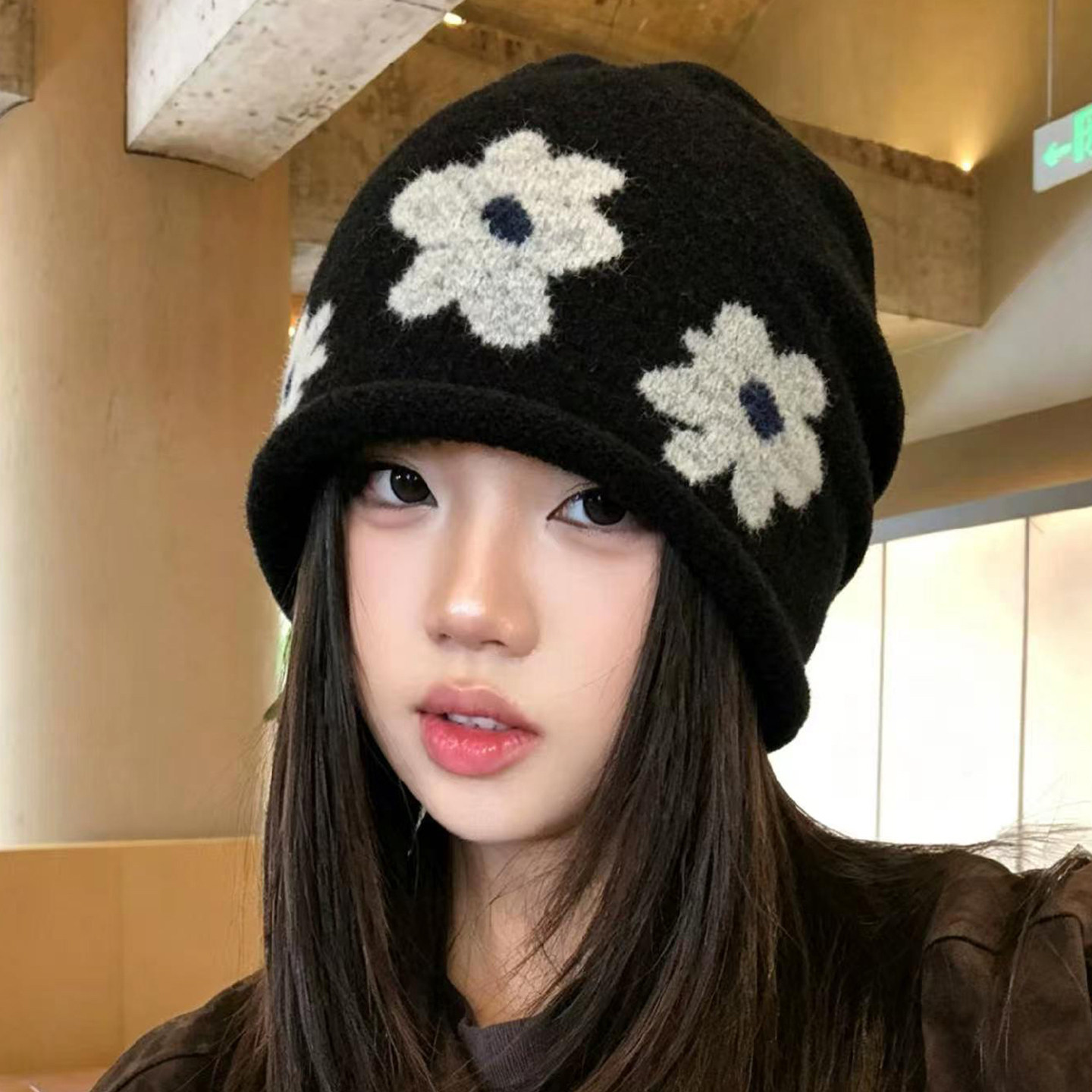 秋冬女韩版花朵针织保暖堆堆帽