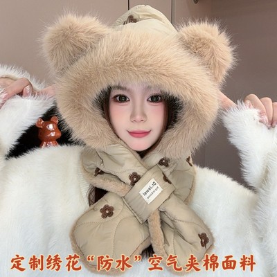 新款可爱小熊毛绒套头帽围脖一体