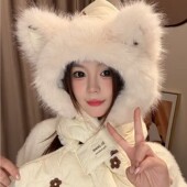 可爱小熊毛绒套头帽子女2025新款 保暖护耳帽骑行防寒包头帽 秋冬季