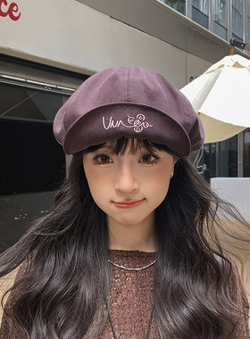 韩版时尚灰色贝雷帽子女春秋新款文艺甜美画家帽显脸小百搭八角帽