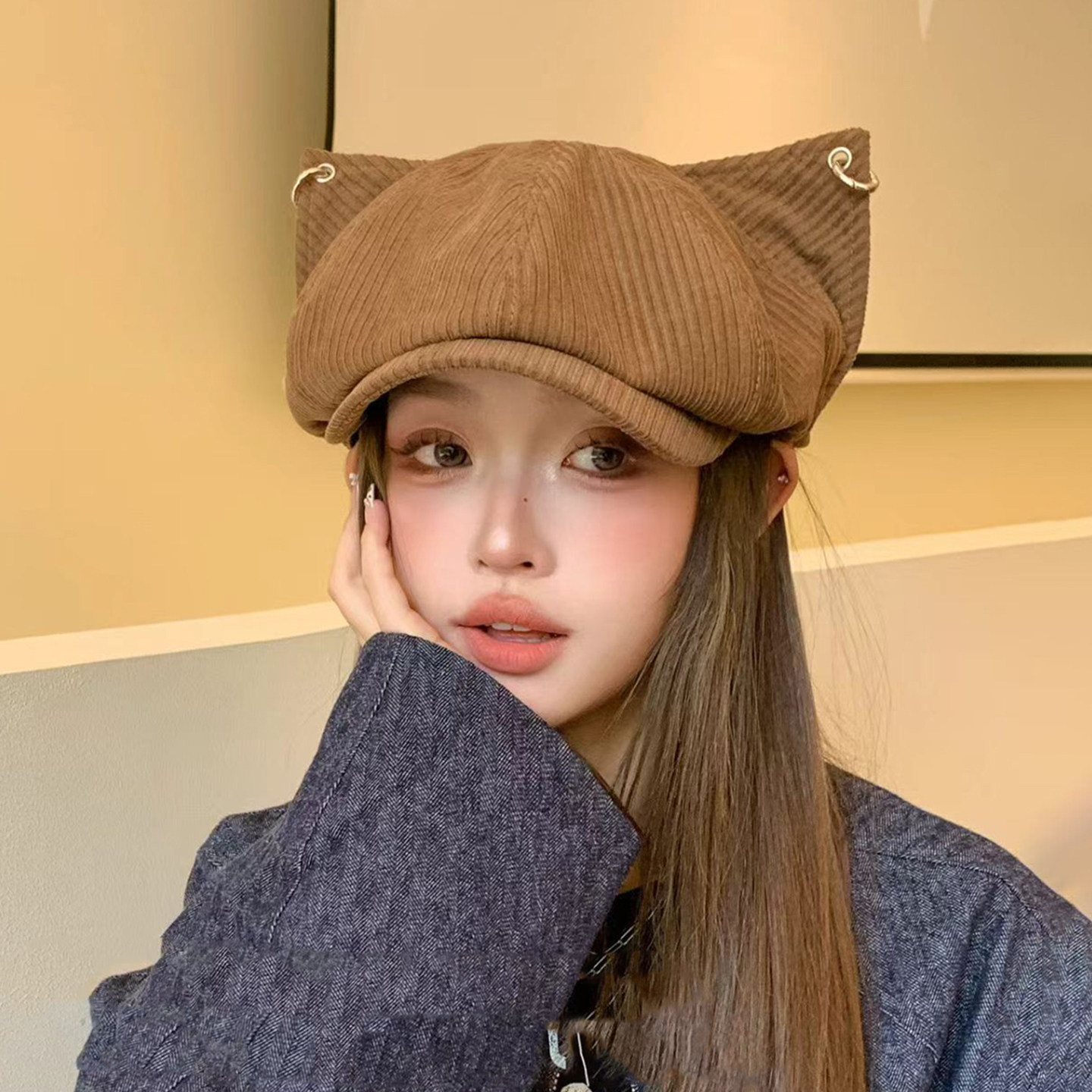 可爱长耳显脸小铁环贝雷帽女款