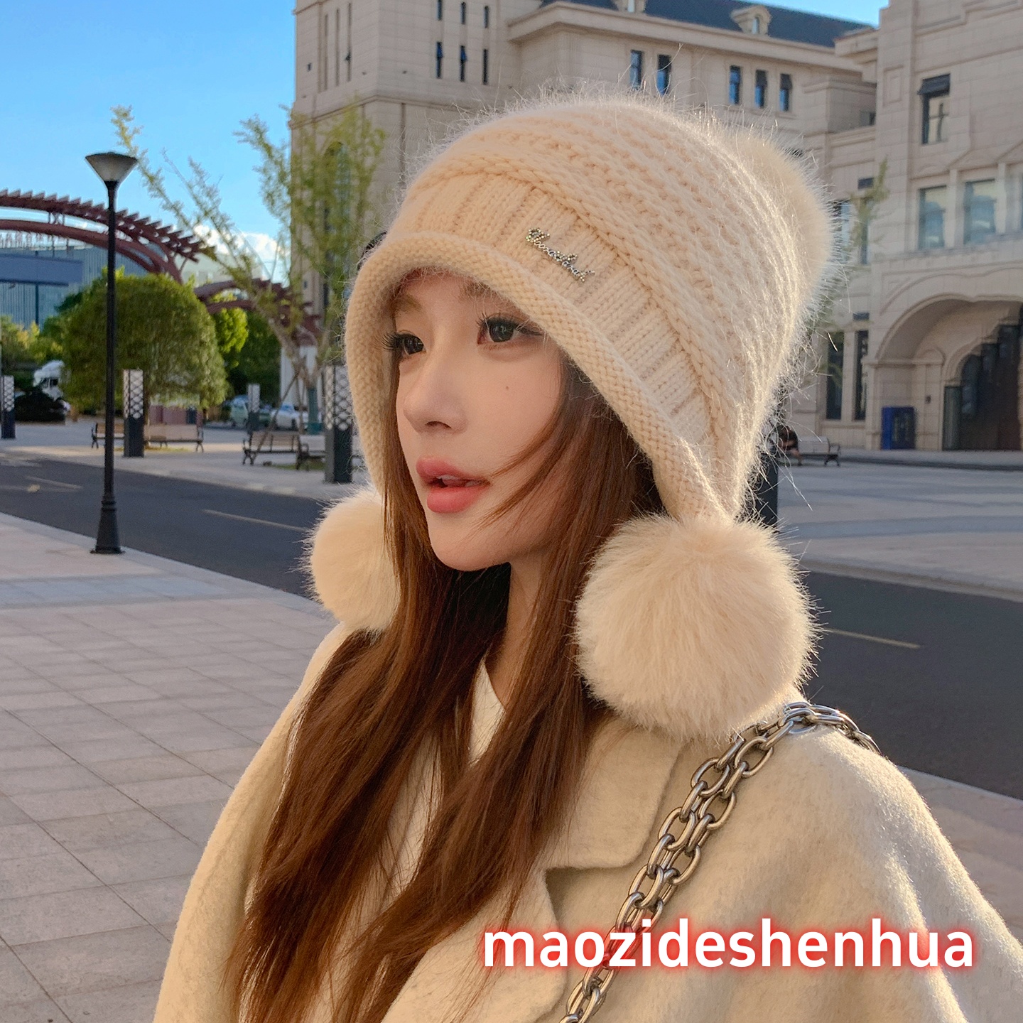 韩版气质纯色三毛球针织帽女秋冬