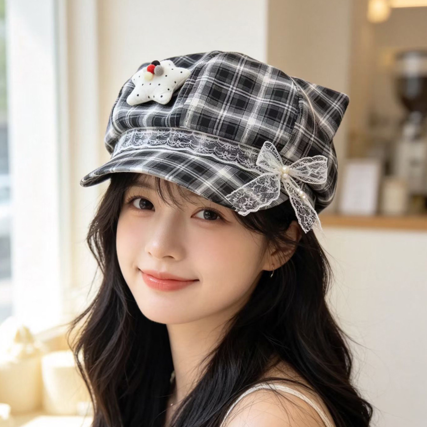 2026新款可爱猫耳蕾丝报童帽女