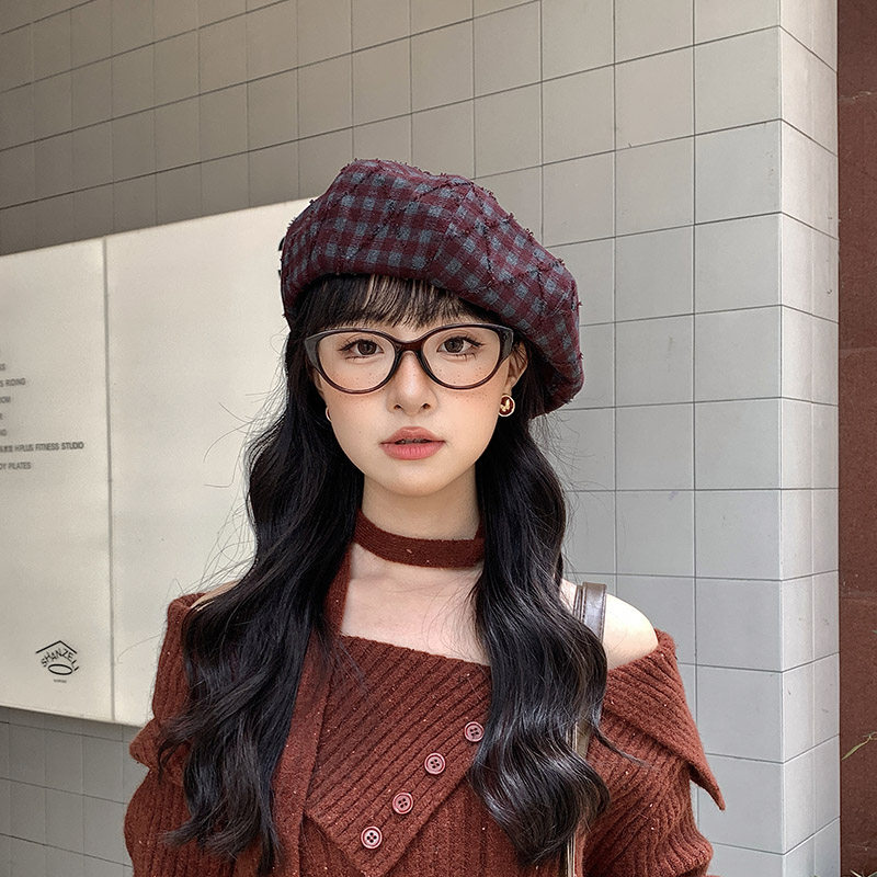 韩版文艺格纹贝雷帽子女春秋新款