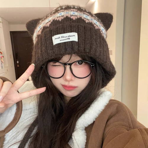 费尔岛可爱猫耳软糯针织帽女保暖