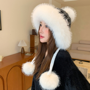 可爱炸毛三毛球针织帽子女秋冬韩版提花加绒雷锋帽护耳骑车包头帽
