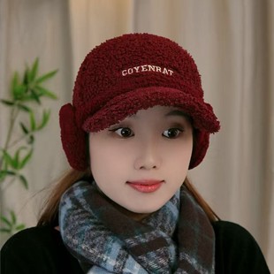 羊羔绒护耳棒球帽子女2025新款秋冬加厚保暖鸭舌帽显脸小护耳帽冬
