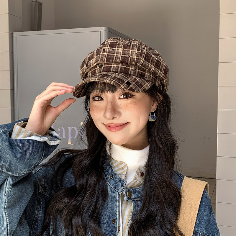 韩版时尚格纹报童帽子女春秋新款