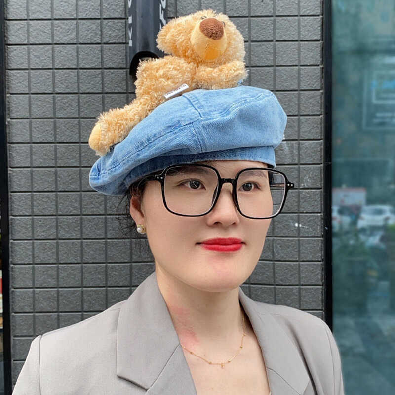 可爱小熊牛仔贝雷帽女时尚显脸小