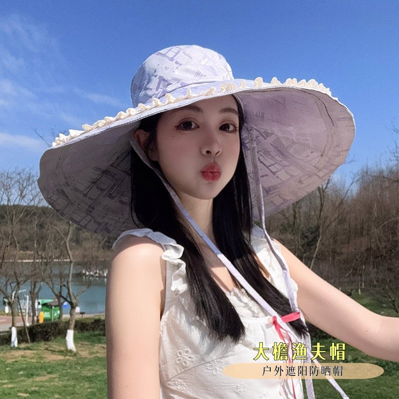 大帽檐防晒帽子女夏季系带可折叠渔夫帽遮阳显脸小海边沙滩帽花边