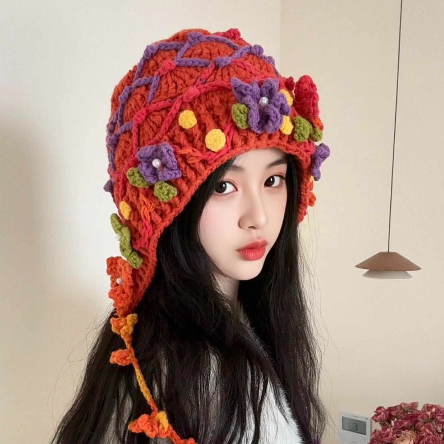 手工钩花保暖护耳毛线帽女秋冬