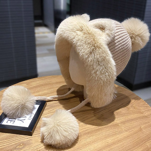 帽子女秋冬季可爱耳朵加绒保暖针织帽韩版百搭毛绒帽护耳毛线帽潮