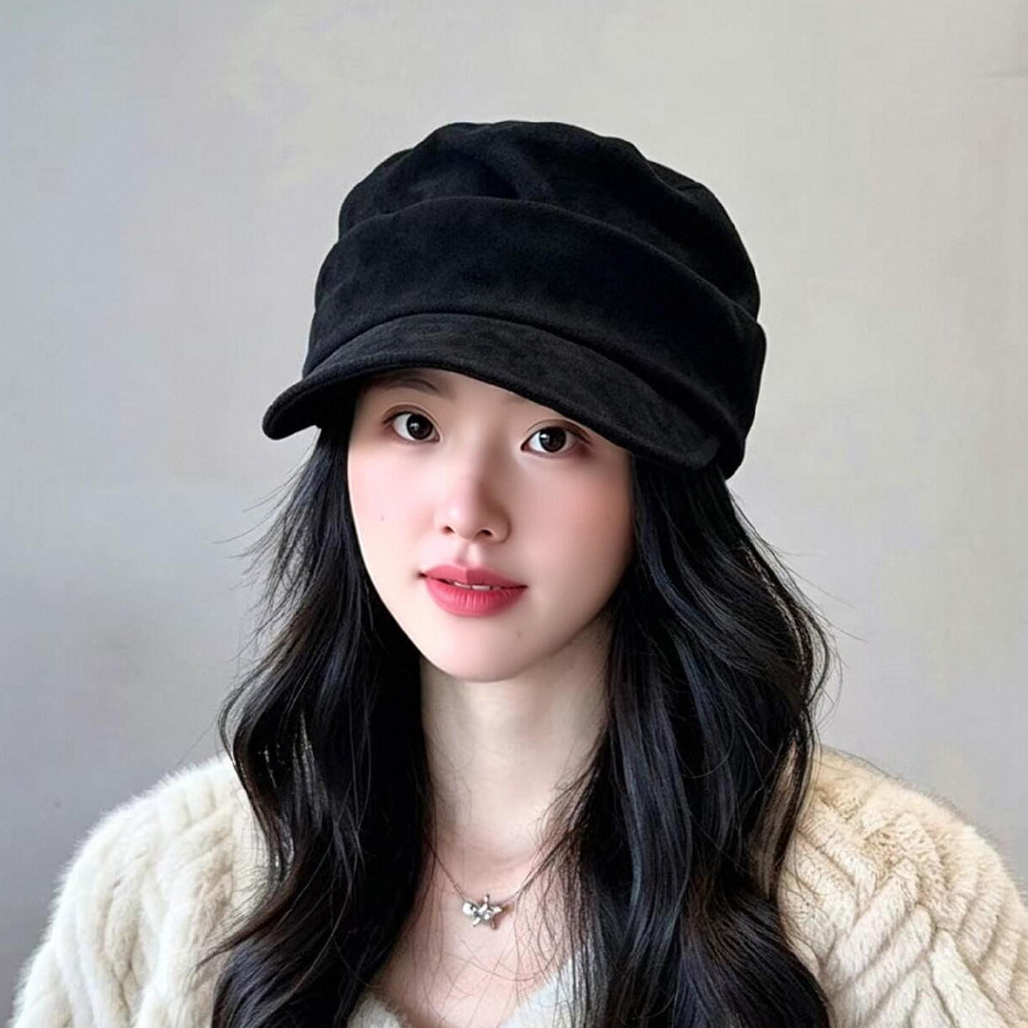 韩版麂皮绒褶皱显脸小报童帽