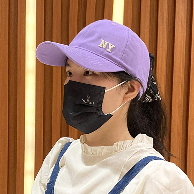 韩版潮ins刺绣NY空顶帽子女夏季可扎高马尾防晒太阳帽紫色棒球帽