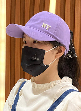 韩版潮ins刺绣NY空顶帽子女夏季可扎高马尾防晒太阳帽紫色棒球帽