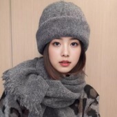 韩版 休闲双层加厚毛线帽子女秋冬纯色保暖堆堆帽护耳显脸小包头帽