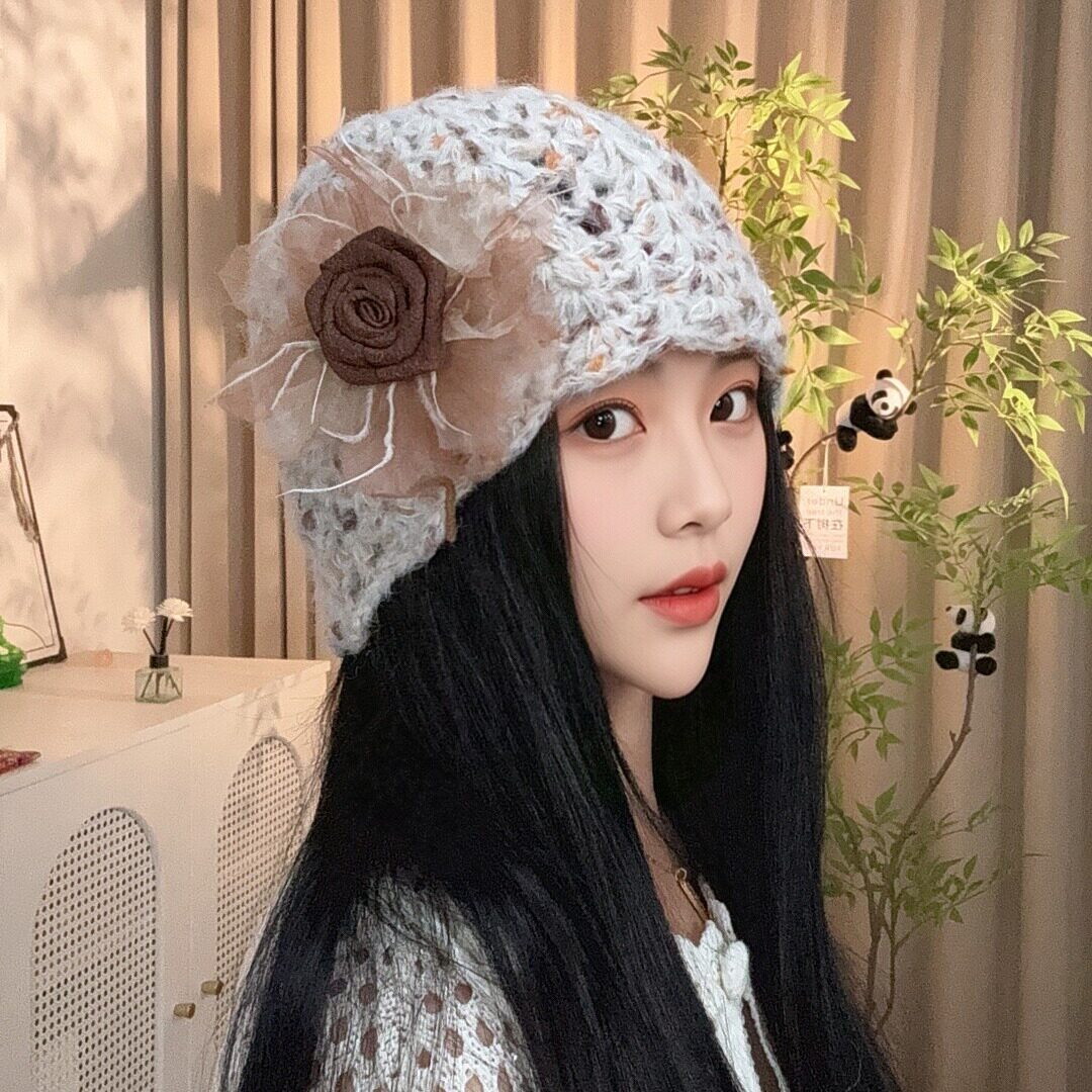 秋冬女韩版花朵镂空保暖针织帽