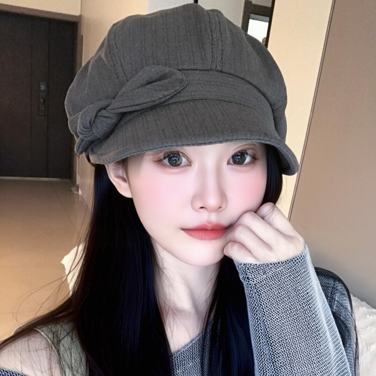 韩版条纹蝴蝶结显脸小马术帽女