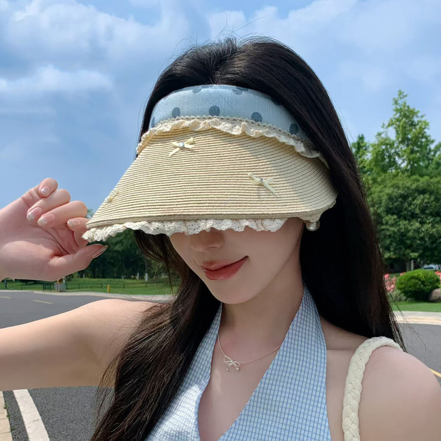 夏季蕾丝蝴蝶结空顶防晒帽显脸小