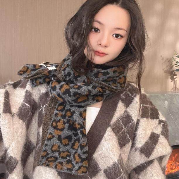 羊毛混纺豹纹围巾秋冬软糯试试保暖围脖女网红爆款时尚百搭披肩潮