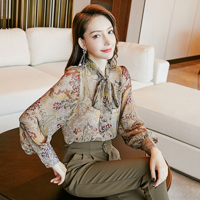 熙可儿春装上衣女百搭洋气小衫新款碎花雪纺衫长袖时尚衬衫