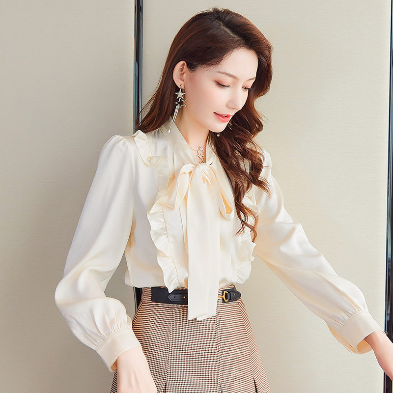 熙可儿蝴蝶结衬衫女2024秋装新款OL通勤气质修身上衣女韩版雪纺衫