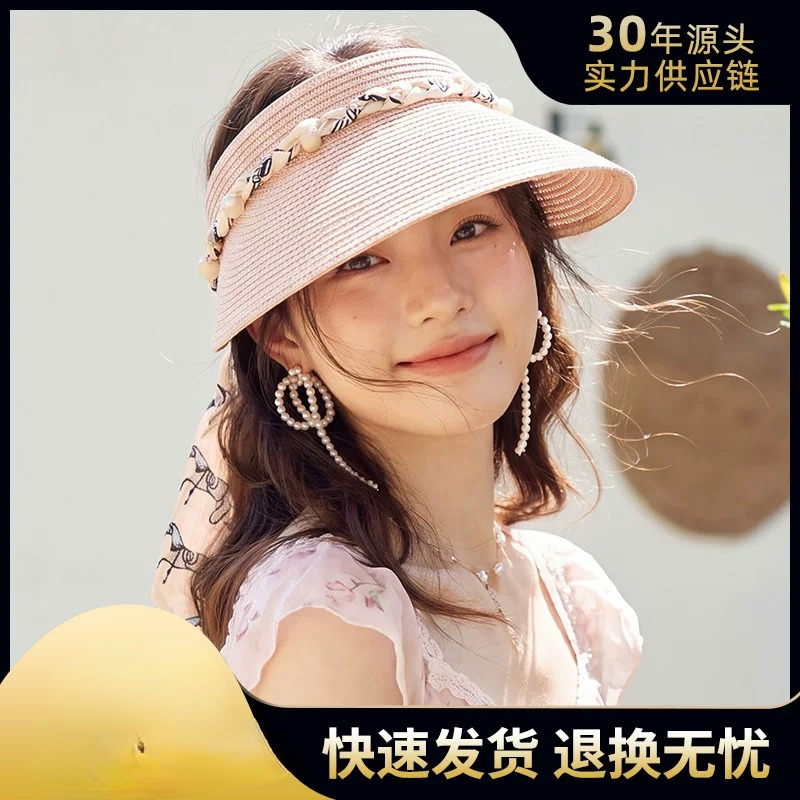 新款草编遮阳帽夏季空顶显脸小大帽檐太阳帽时尚百搭遮脸女帽子