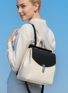 新款双肩包女包女款小众设计撞色时尚潮流皮质女背包