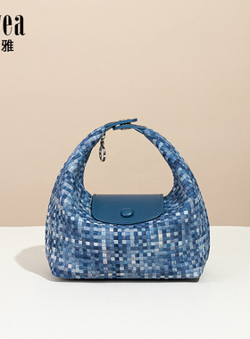 夏季新款牛仔布编织包拼接手拎饭盒包通勤大容量饺子包单肩斜挎包