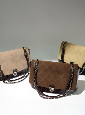 大容量磨砂皮格纹单肩包2025新款通勤百搭大容量拼色斜挎包