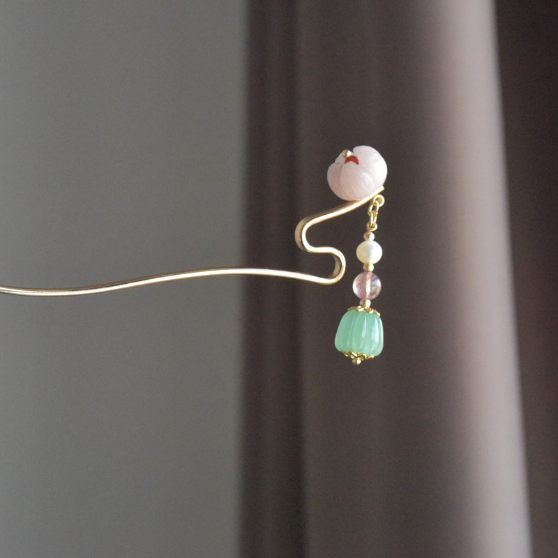 「梦入芙蓉浦」原创设计古风发簪粉水晶金属黄铜汉服配饰头饰流苏