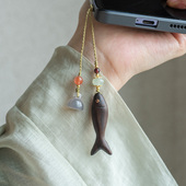 逍遥游 黑檀木小鱼手机挂件卡通钥匙扣手机链包挂坠子古风新中式