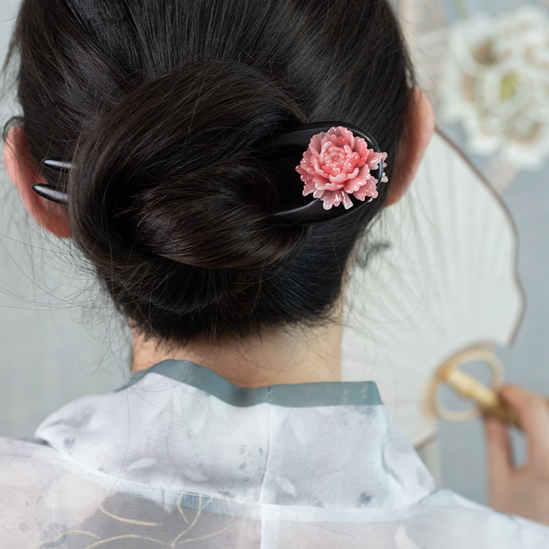 【荼锦】黑檀木牡丹花头饰簪子古装汉服盘发发簪发饰发钗U型简约