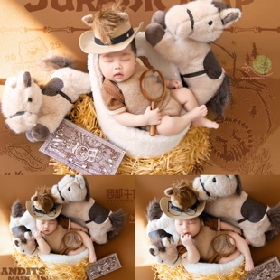 新款新生的儿马年西部牛仔男童摄影服装初生宝宝拍照主题道具马