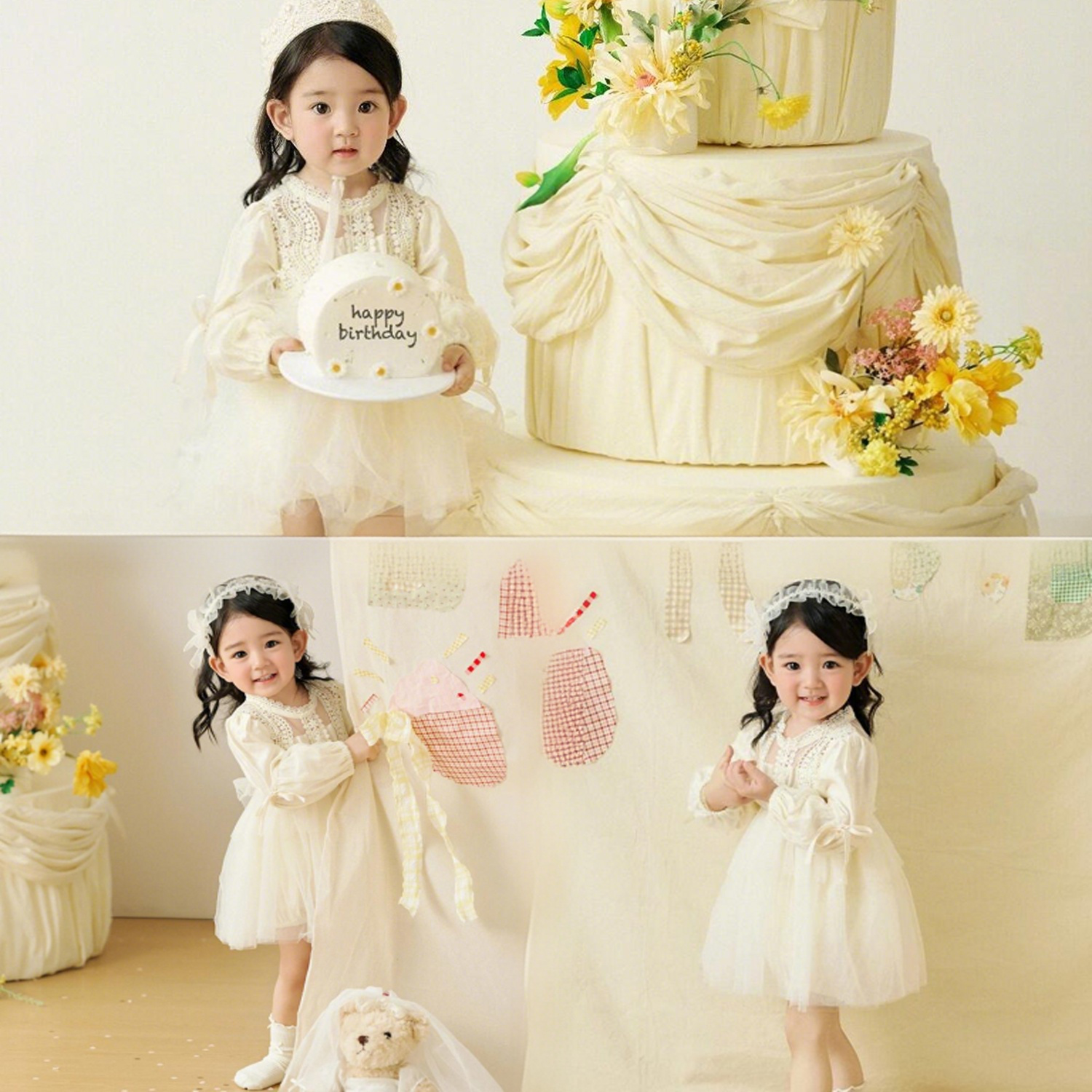 KD道具2025年生日主题女孩纱裙暖白风影楼拍照主题儿童摄影服装