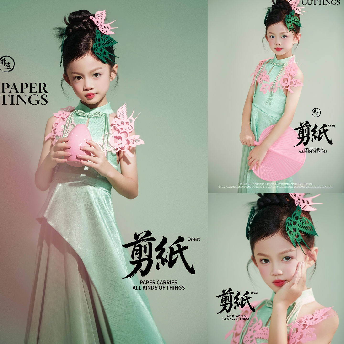 新中式非遗女童绿色剪纸拍照服图片