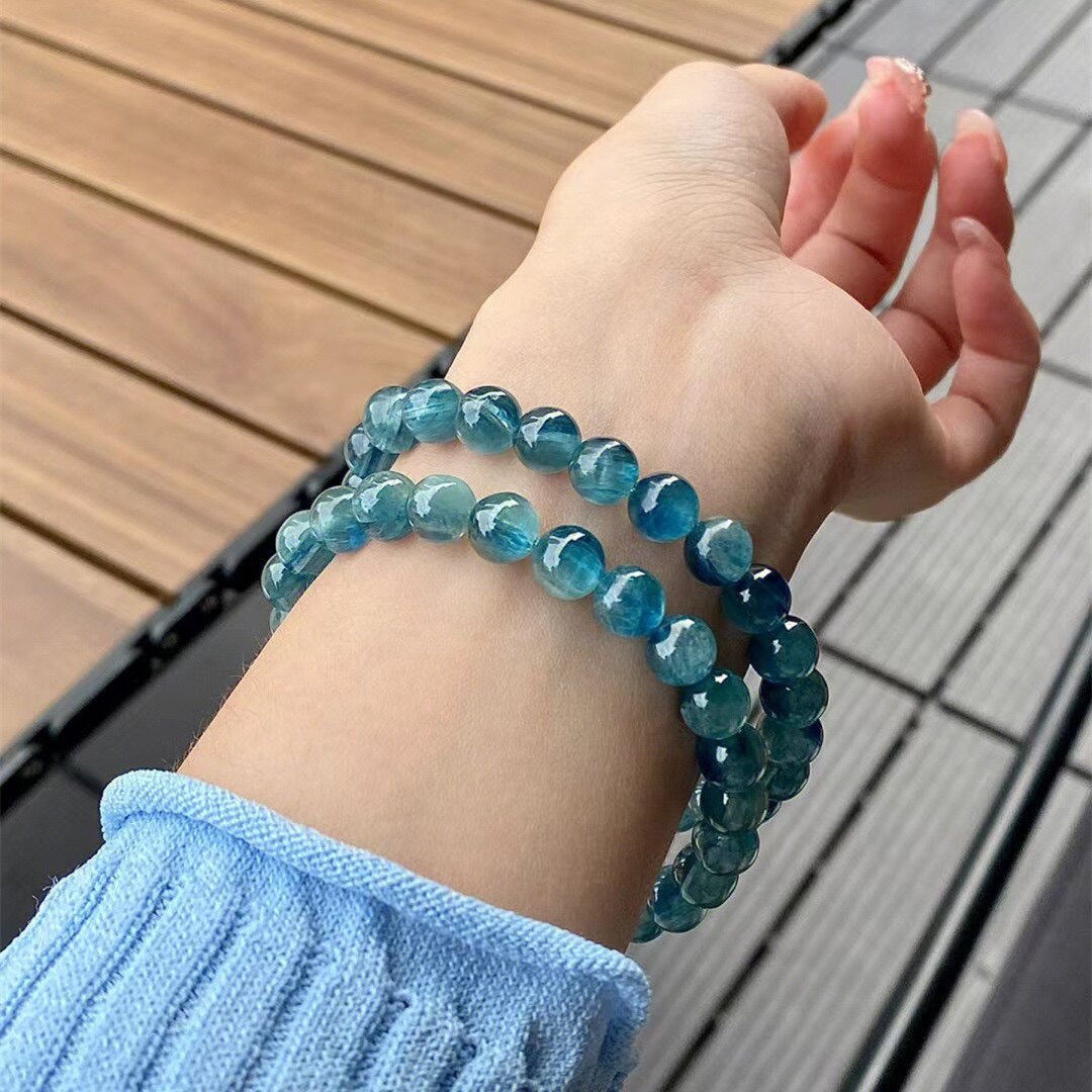 新品蓝绿双色蓝晶石手链双色冰种蓝手串透体猫眼拉丝绿蓝晶石手串